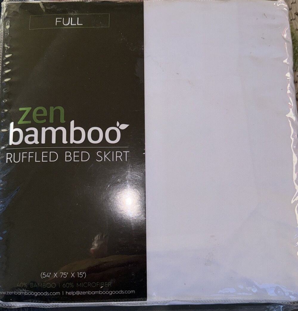 Zen Bamboo Full White Ruffled Bed Skirt 54x75x15 NIP